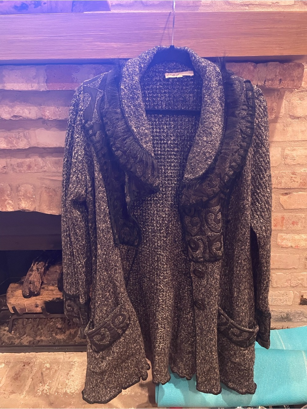 cleo Gray Textured Shawl-Collar Knit Cardigan with Trim